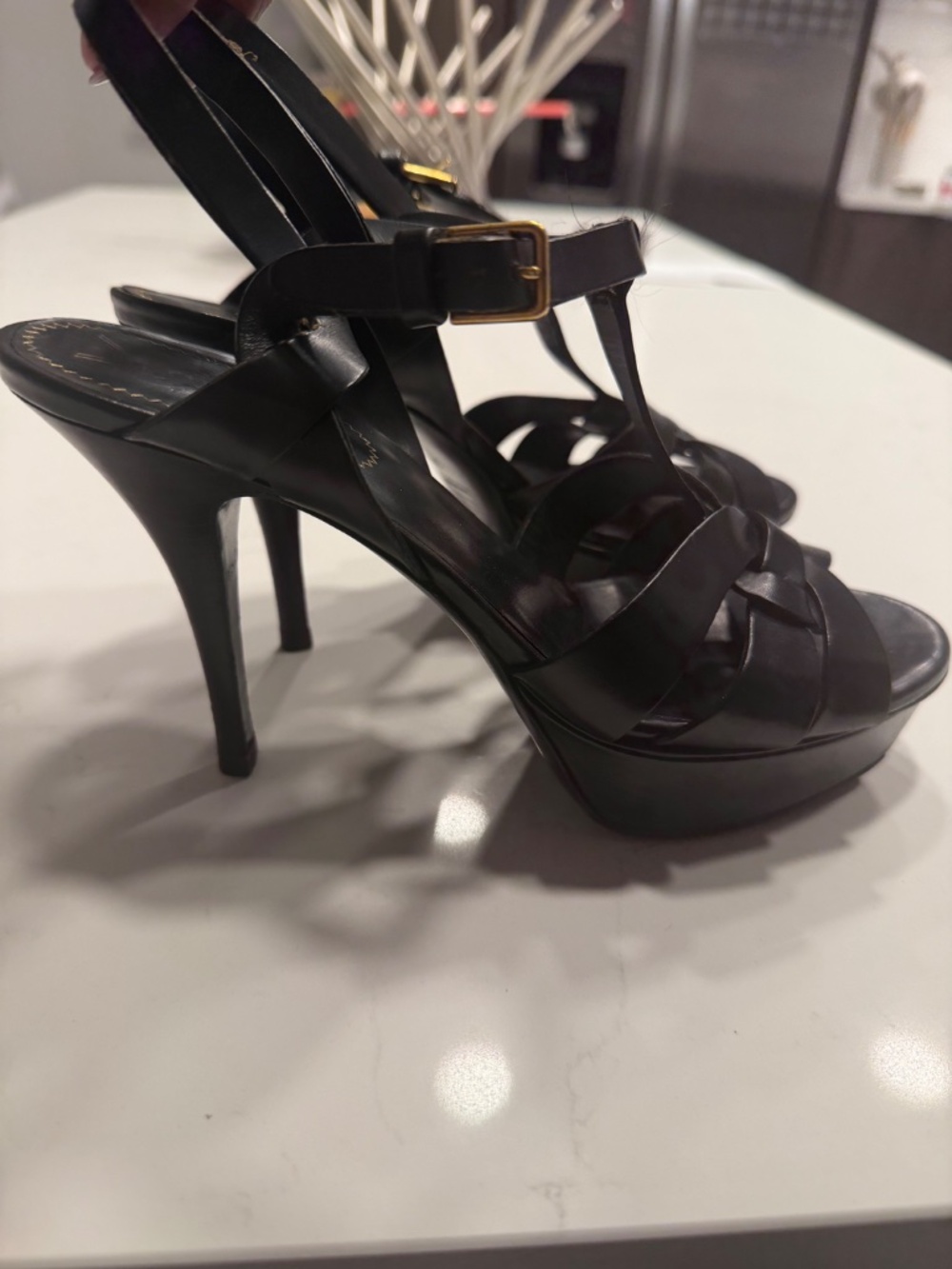 YSL Yves Saint Laurent Tribute 199598 Black Leather Platform Heels 38